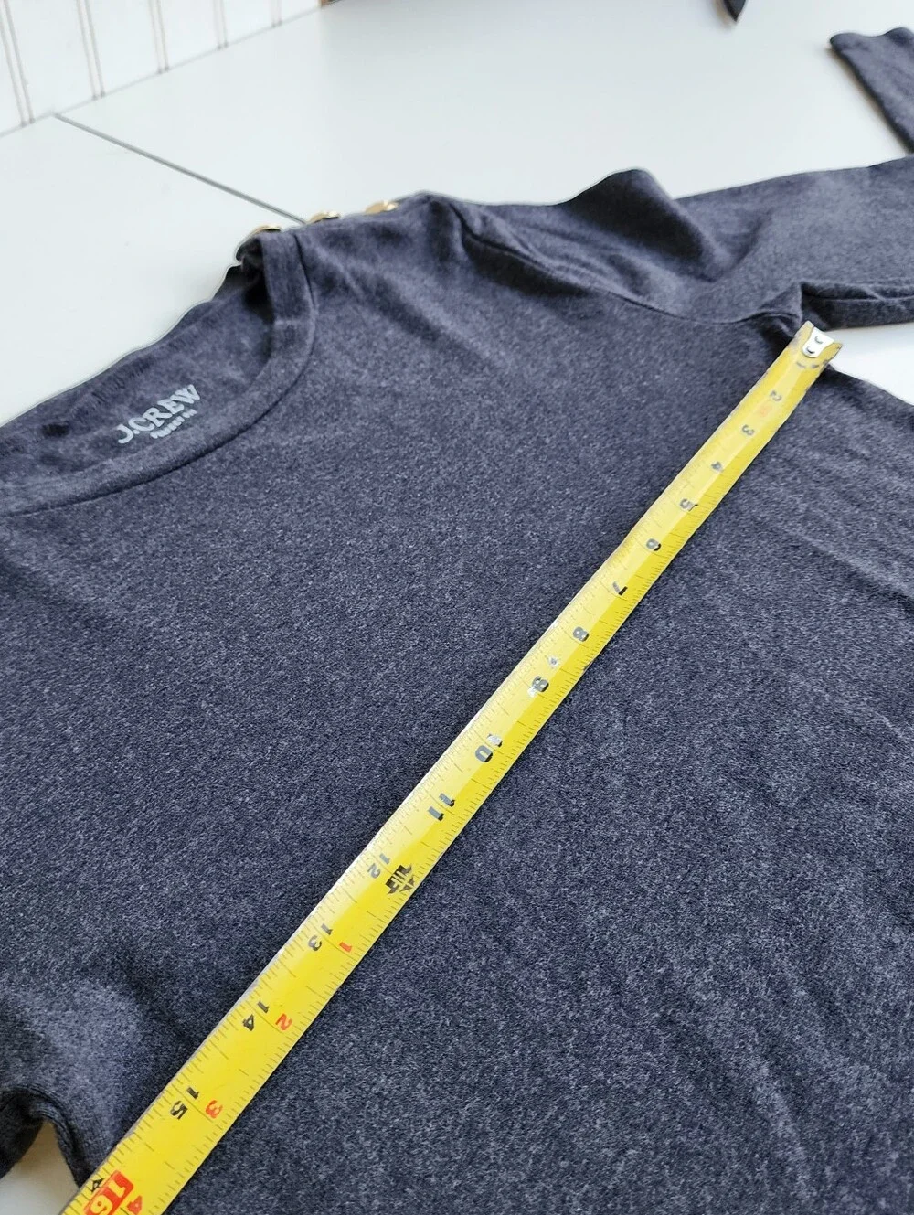 J.Crew Charcoal Gray Long-Sleeve Perfect Tee Gold Button Shoulders 100% Cotton M
